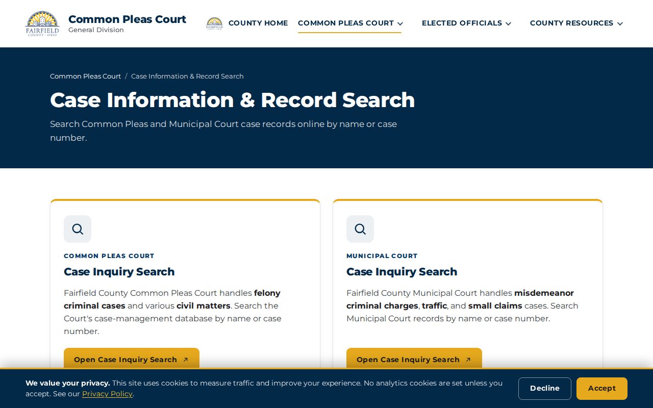 Pickerington resident lookup source, Fairfield County court records search landing page