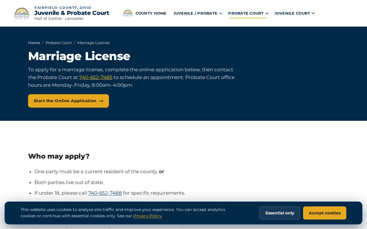 Pickerington resident lookup source, Fairfield Probate marriage application fields