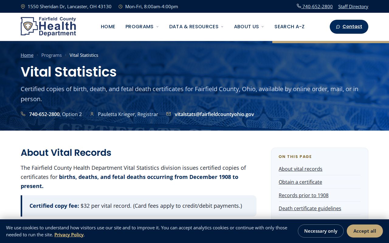 Pickerington resident lookup source, Fairfield Health birth and death records application